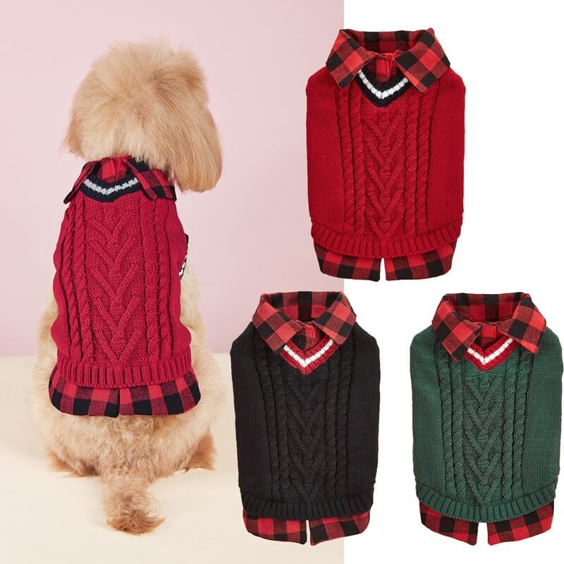 Perfect for Fall Winter Plaid Collar Cable Knit Dog Jumper Vest