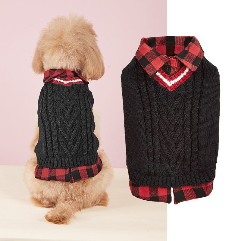 Perfect for Fall Winter Plaid Collar Cable Knit Dog Jumper Dog Clothes