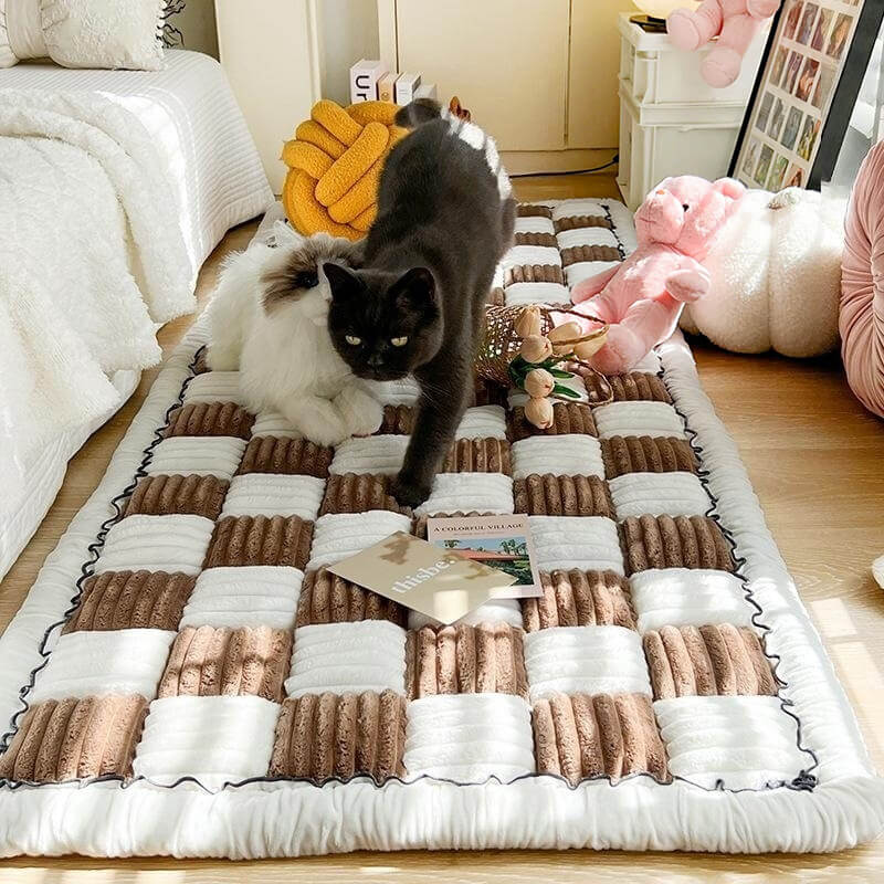 Cream-colored Large Plaid Square Fuzzy Pet Dog Mat Bed Corner Couch Cover