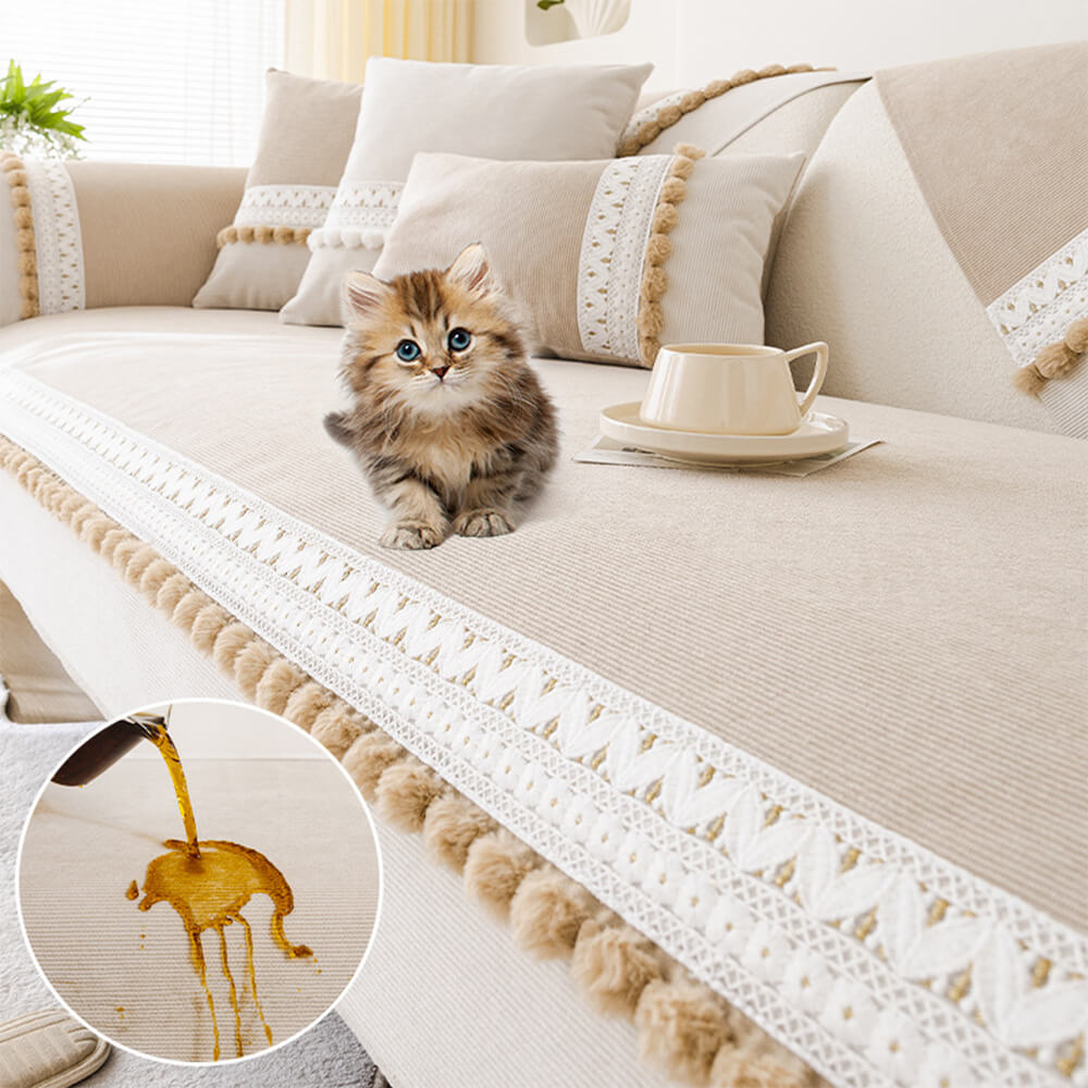All-Season Waterproof Anti-Scratch Soft Corduroy Sofa Cover with Pom-poms