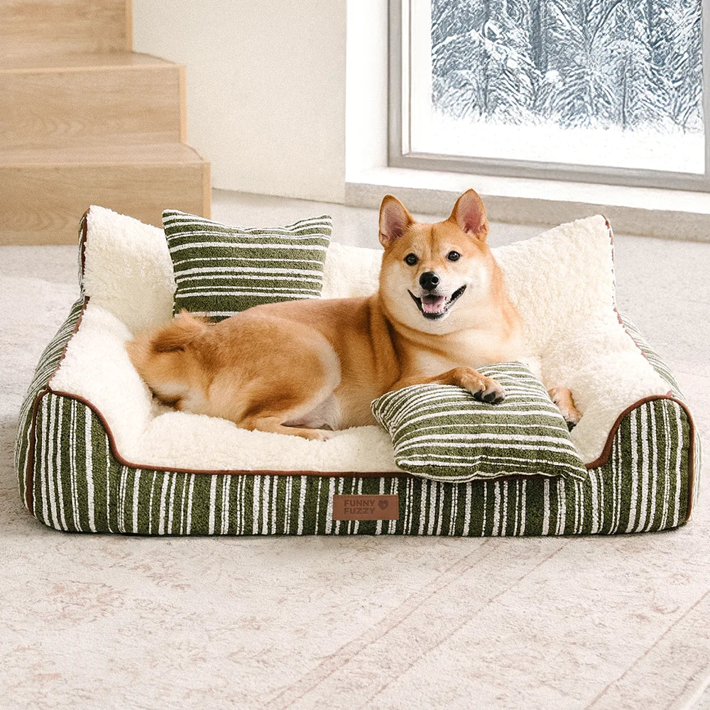 Plush Warm Stripe Orthopaedic Dog & Cat Sofa Bed With Pillows - Grove Couch