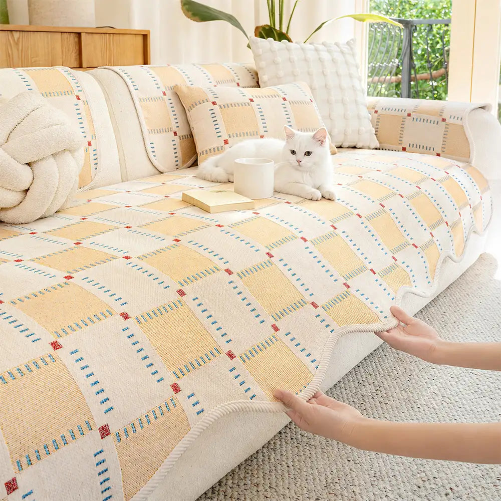 Color-Block Plaid Chenille Anti-Scratch Non-Slip Sofa Cover