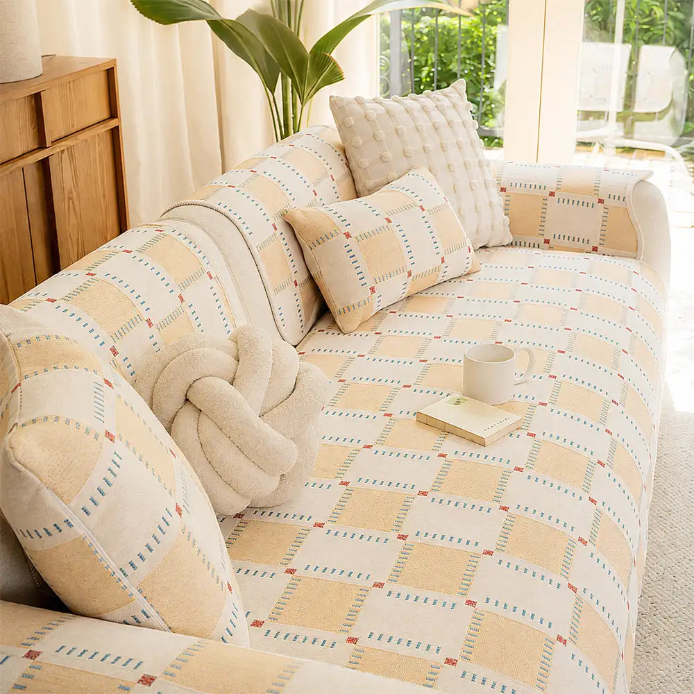 Color-Block Plaid Chenille Anti-Scratch Non-Slip Sofa Cover