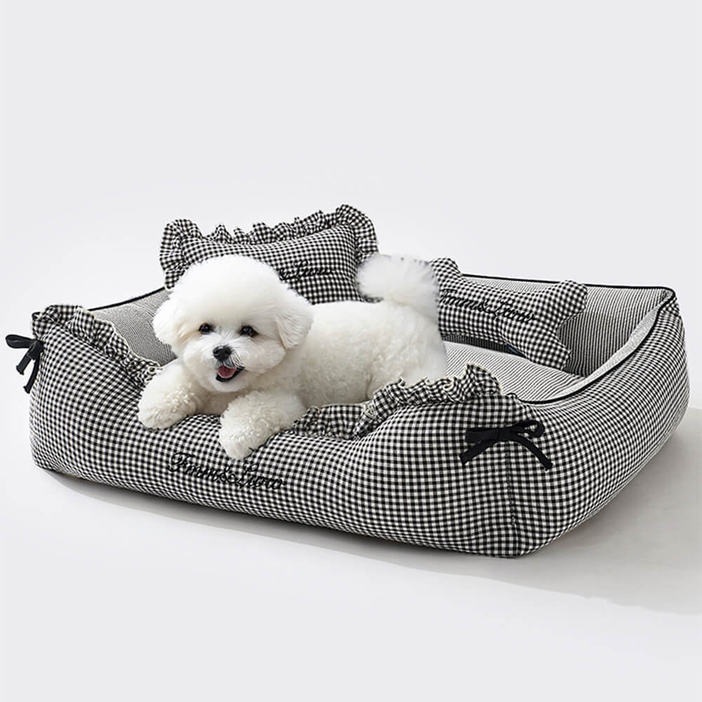 Soft Gingham Washable Dog & Cat Sofa Bed with Pillows