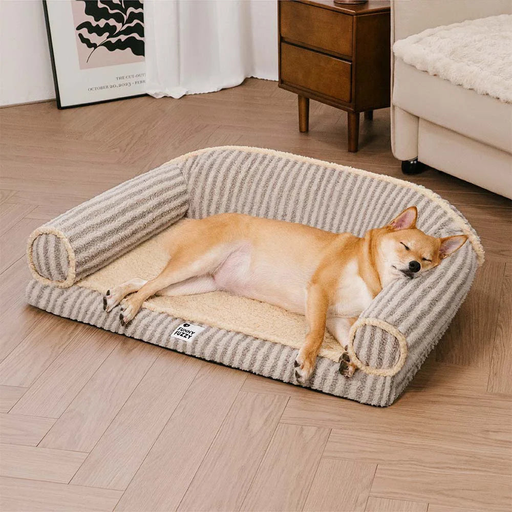 Fluffy Stripe Washable Orthopaedic Dog & Cat Sofa Bed - Latte Nooki