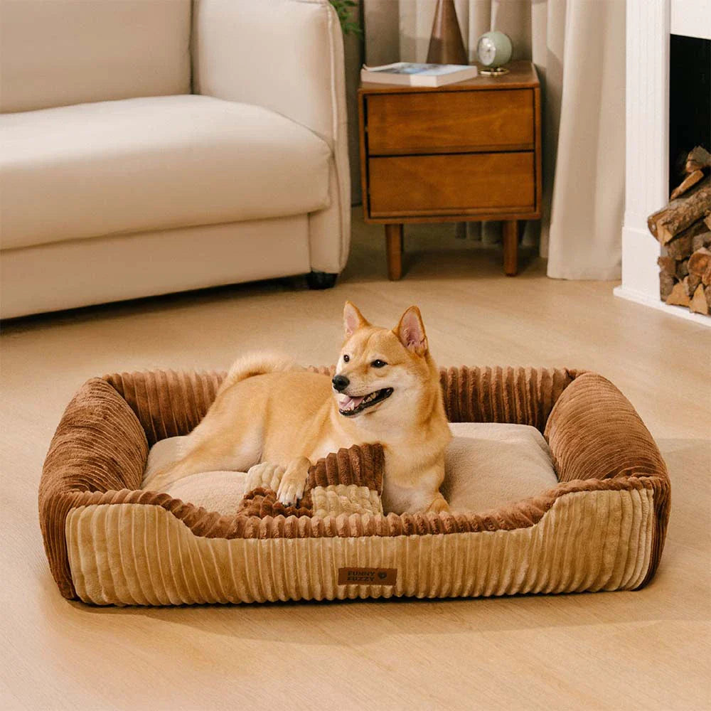 Vintage Colour-Block Flannel Removable Bolster Dog Bed with Pillow– CosyRest