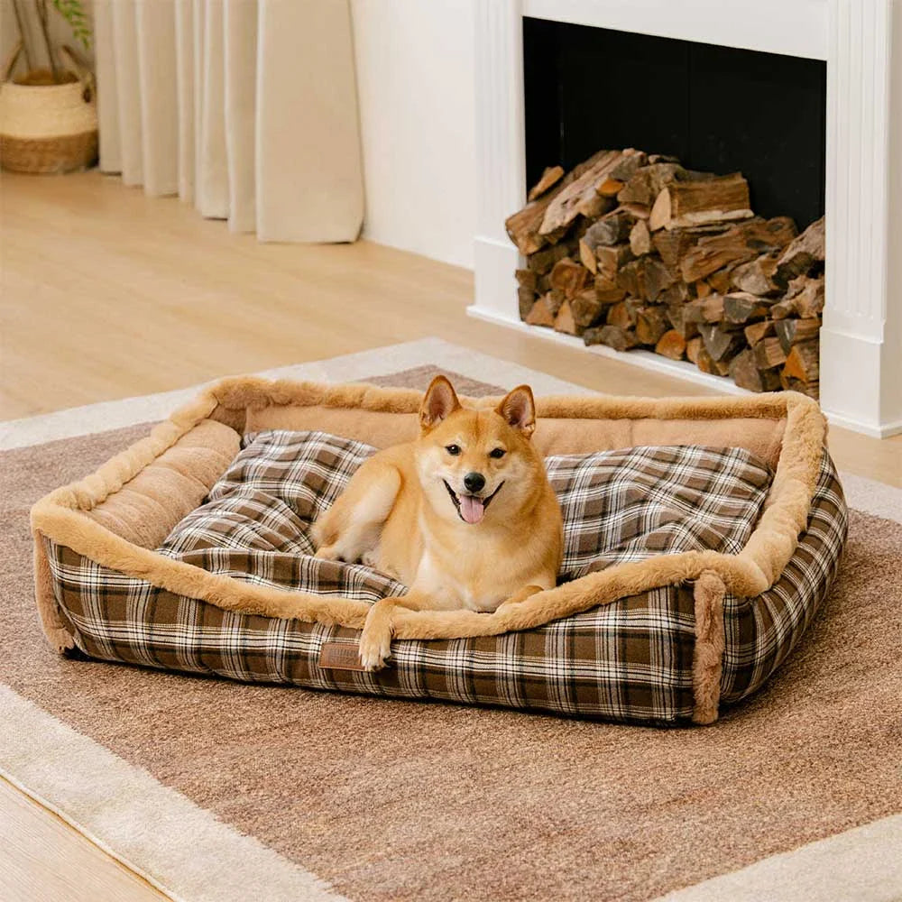 Vintage Chequered Washable Plush Cosy Bolster Dog Bed – TuckNap
