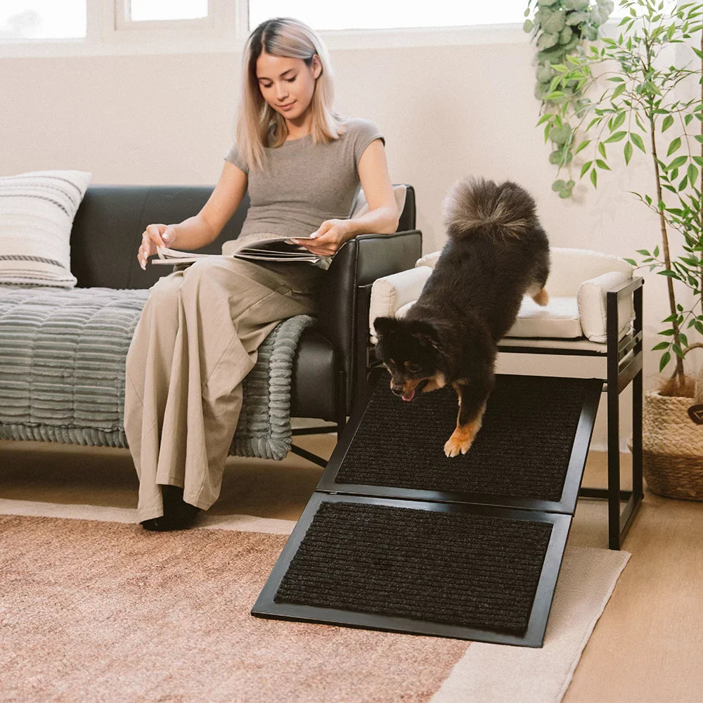 Elevated Pet Sofa Bed with Stairs Ramp for Bedside Lounge or Dog Window Perch - Pet-Friendly Bedroom