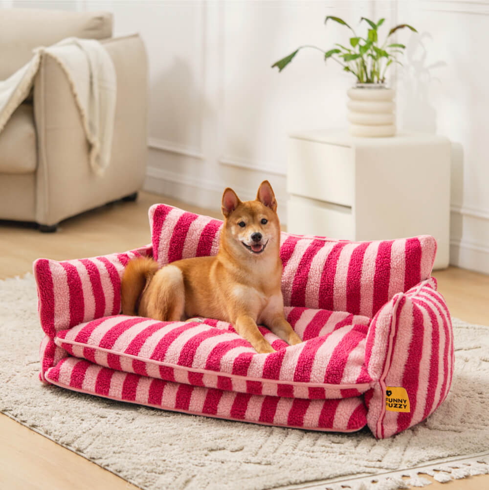 Trendy Striped Faux Lambswool Double Layer Garden Outdoor Dog & Cat Sofa Bed