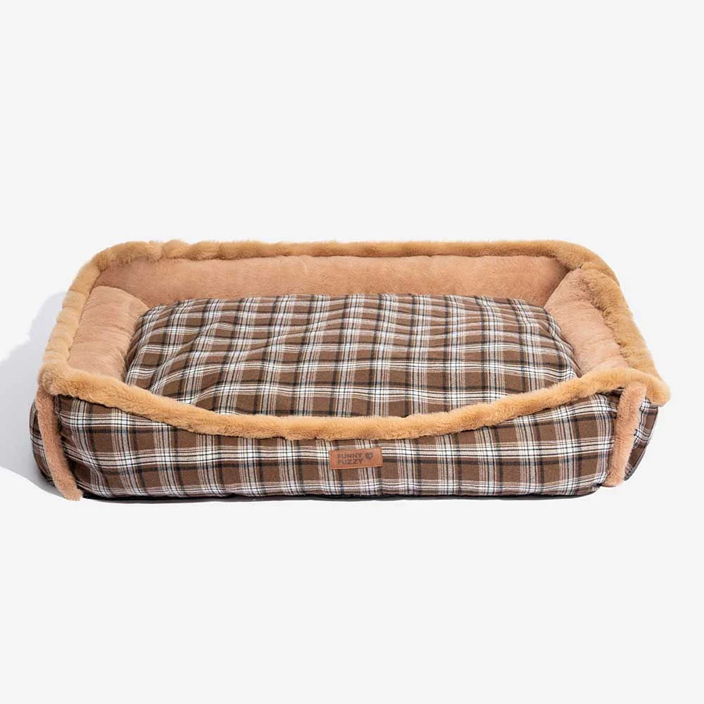 Vintage Chequered Washable Plush Cosy Bolster Dog Bed – TuckNap