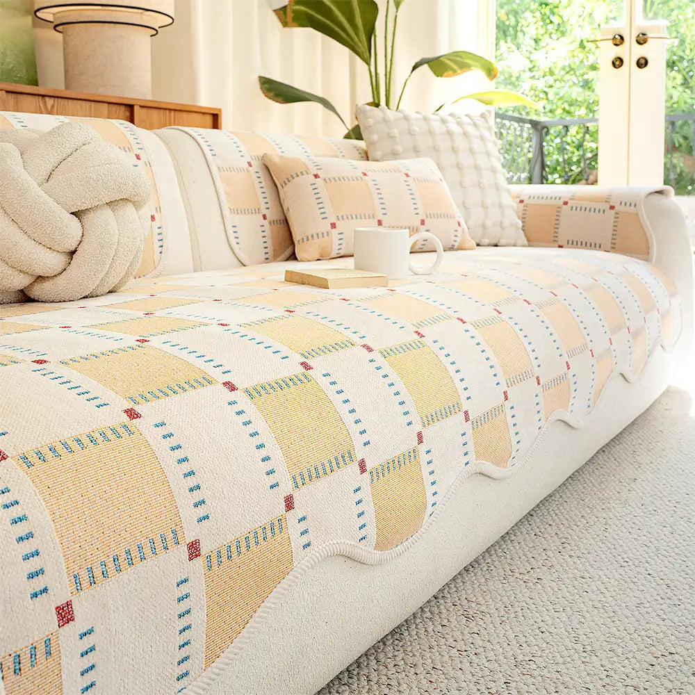 Color-Block Plaid Chenille Anti-Scratch Non-Slip Sofa Cover