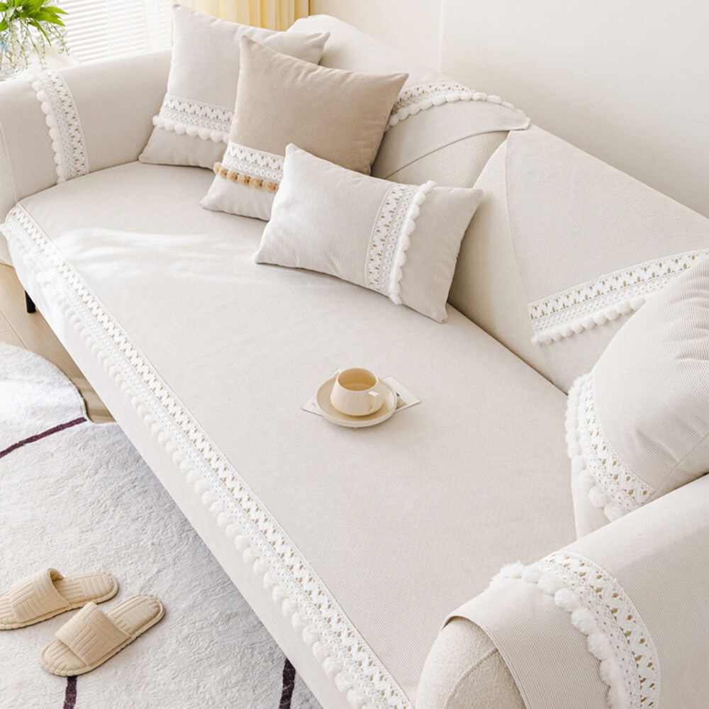 All-Season Waterproof Anti-Scratch Soft Corduroy Sofa Cover with Pom-poms