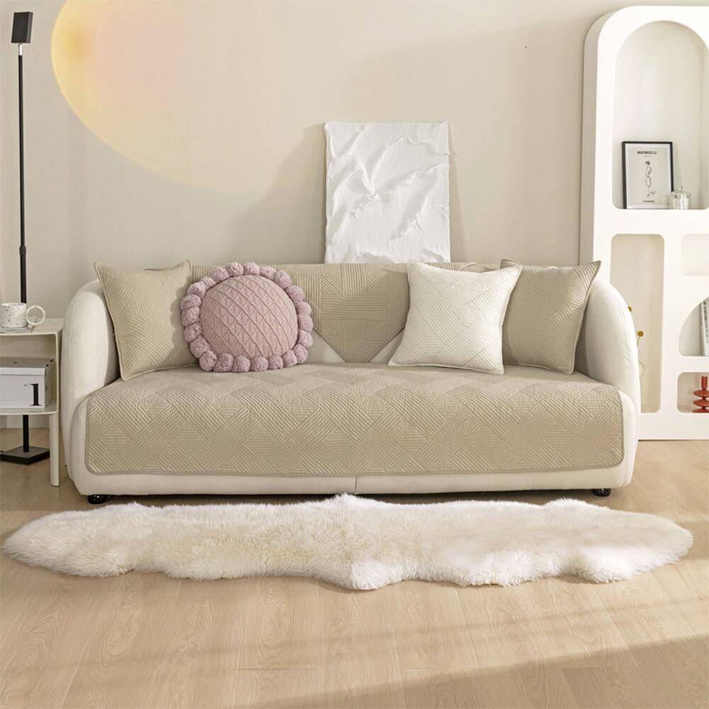 Minimalist All-Season Solid Cotton Geometric Quilted Anti-Slip Sofa Cover
