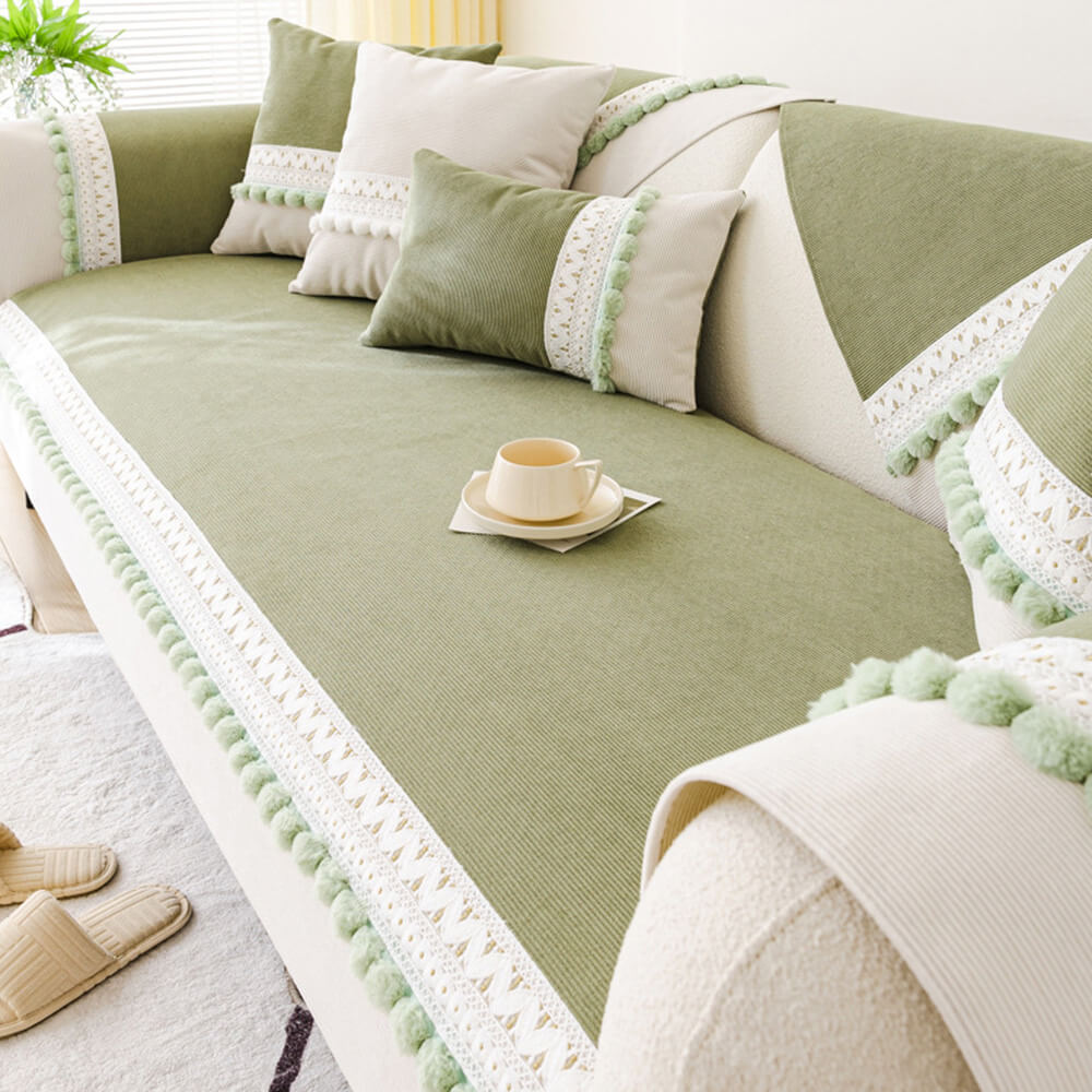 All-Season Waterproof Anti-Scratch Soft Corduroy Sofa Cover with Pom-poms