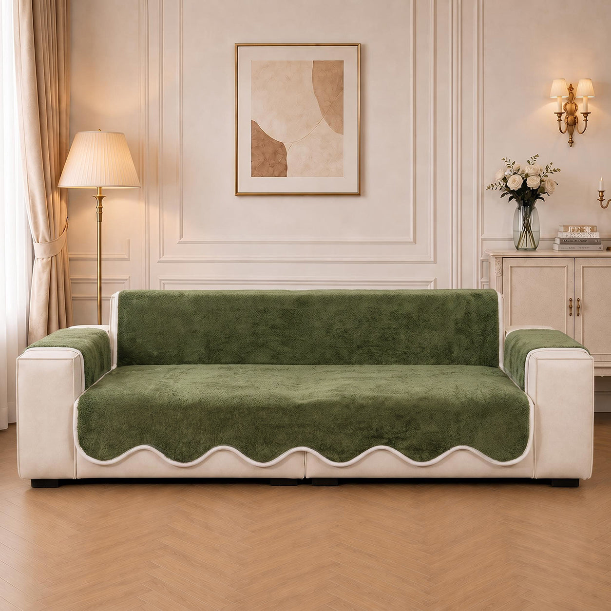 Waterproof Plush Velvet Contrast Wavy Edge Sofa Cover