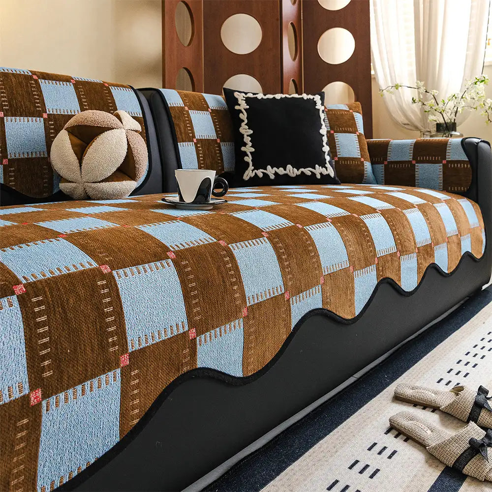 Color-Block Plaid Chenille Anti-Scratch Non-Slip Sofa Cover