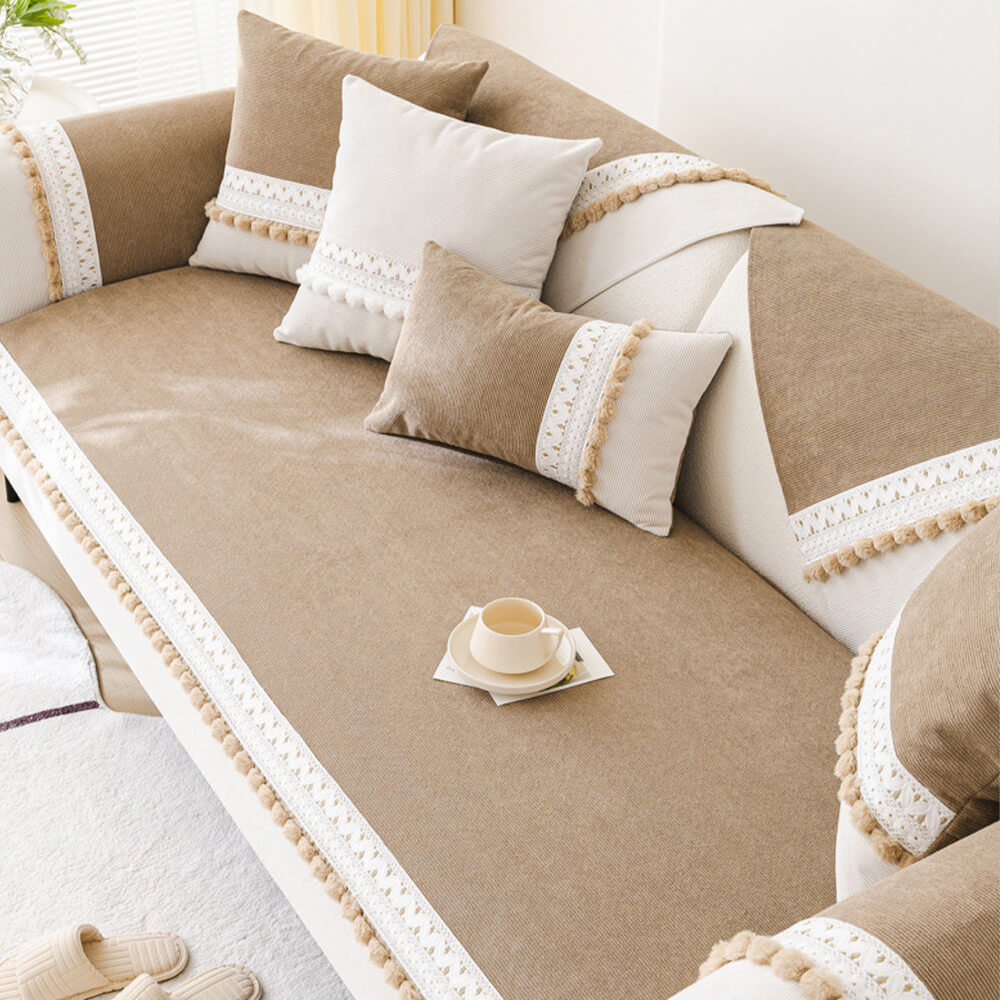 All-Season Waterproof Anti-Scratch Soft Corduroy Sofa Cover with Pom-poms