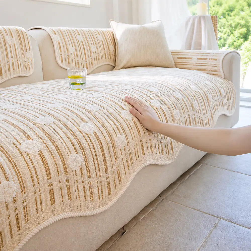 Modern Textured Striped Chenille Non-Slip Sofa Cover