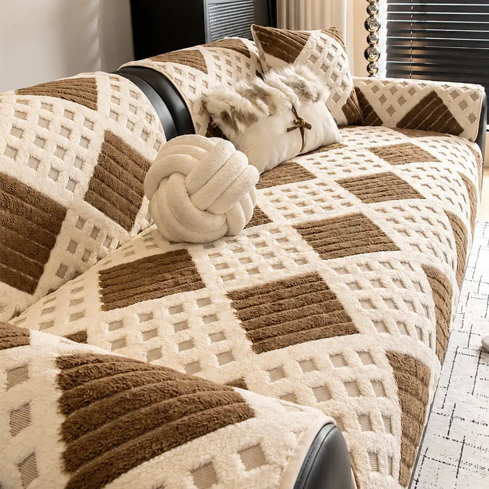 Thick Waffle-Textured Plush Non-Slip Sofa Cover