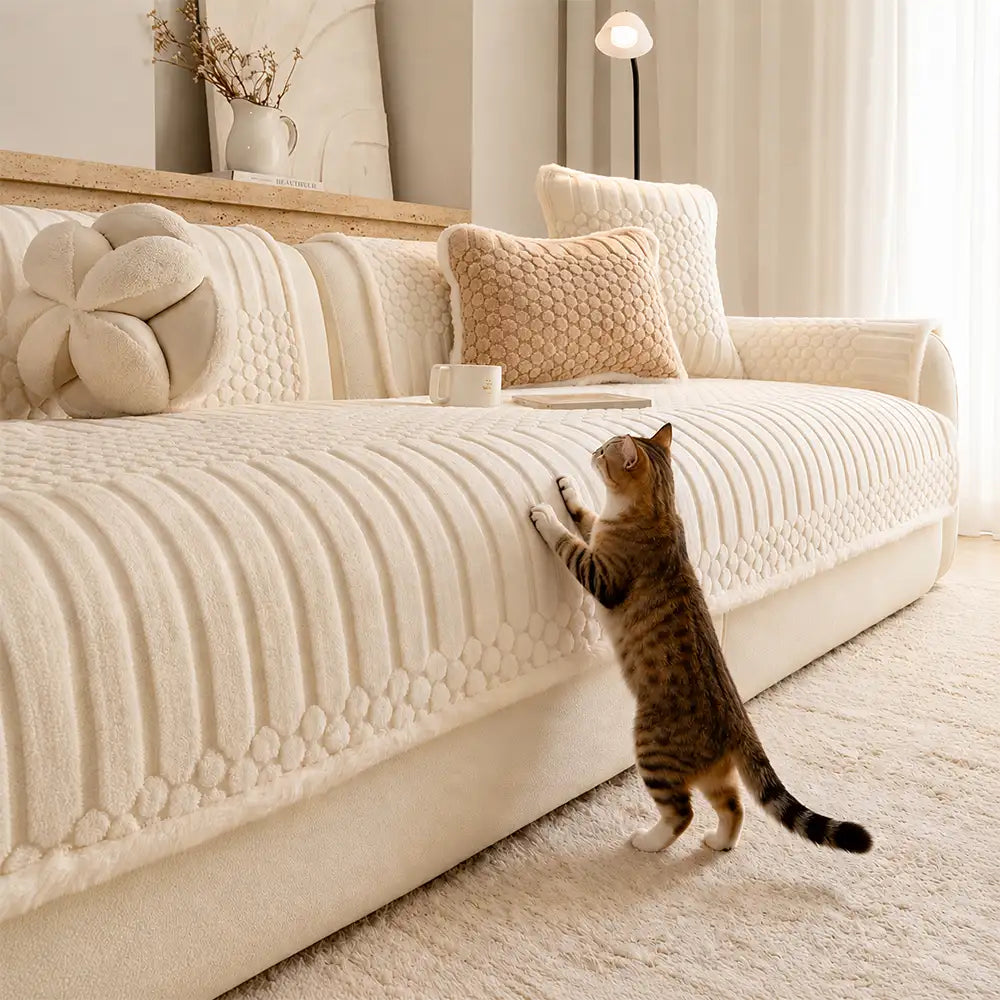 Striped & Bubble-Textured Plush Non-Slip Sofa Cover