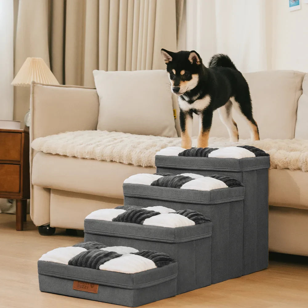 Detachable Chessboard Plaid Handcrafted Dog Steps with Storage - Foldable Steps