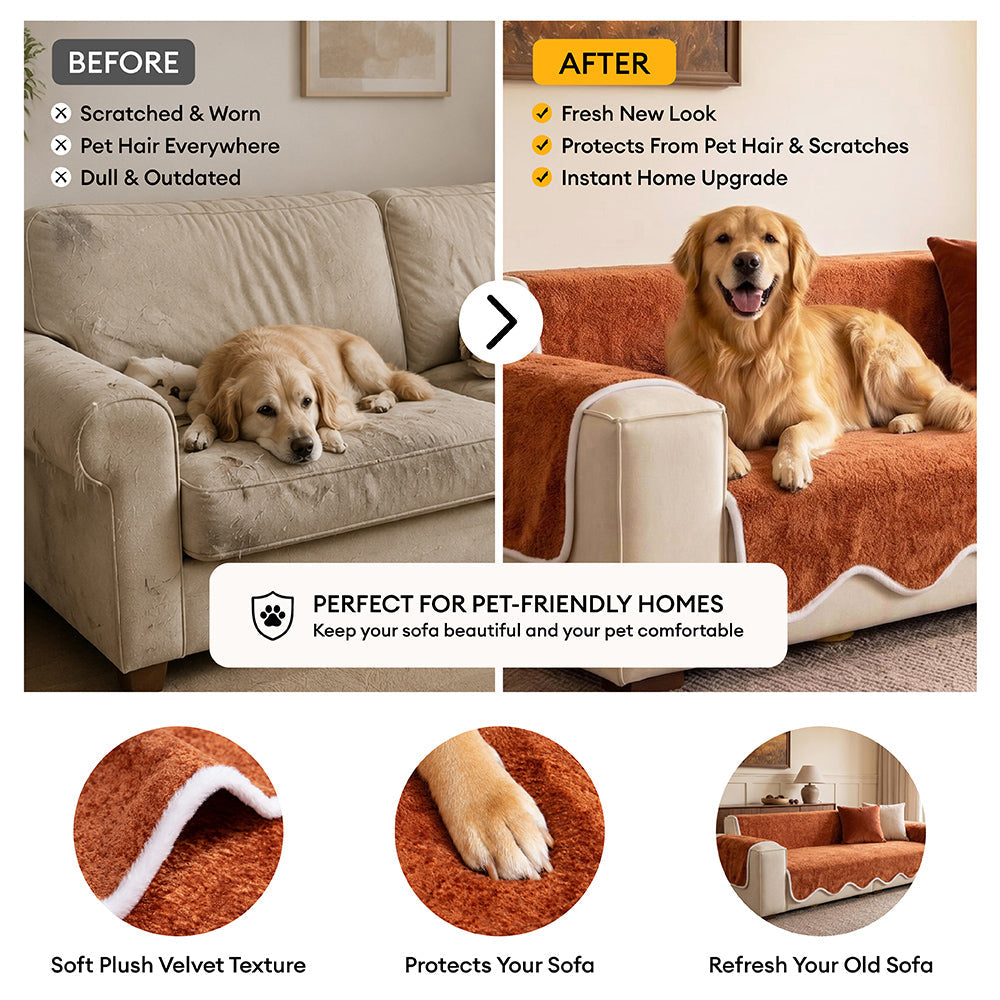 Waterproof Plush Velvet Contrast Wavy Edge Sofa Cover
