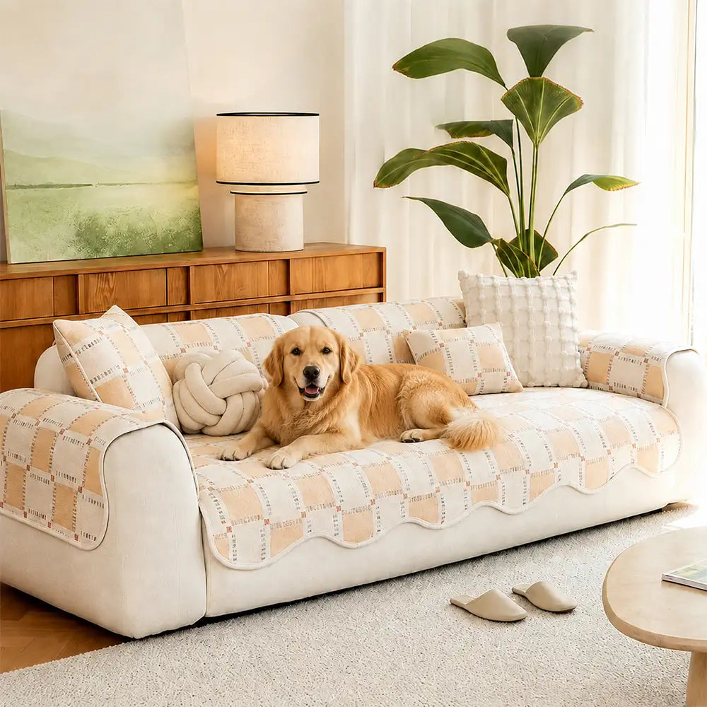 Color-Block Plaid Chenille Anti-Scratch Non-Slip Sofa Cover
