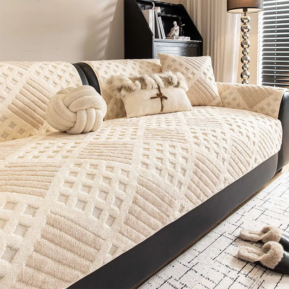 Thick Waffle-Textured Plush Non-Slip Sofa Cover