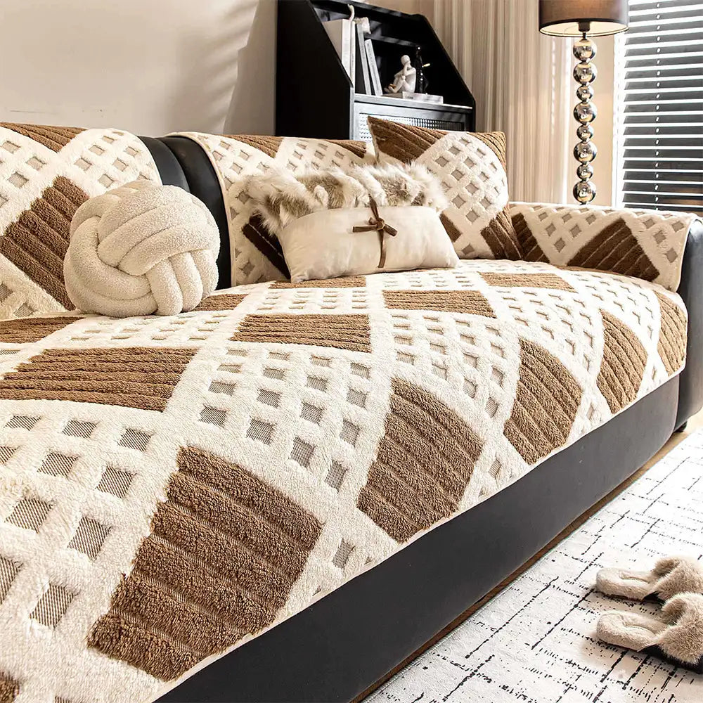Thick Waffle-Textured Plush Non-Slip Sofa Cover