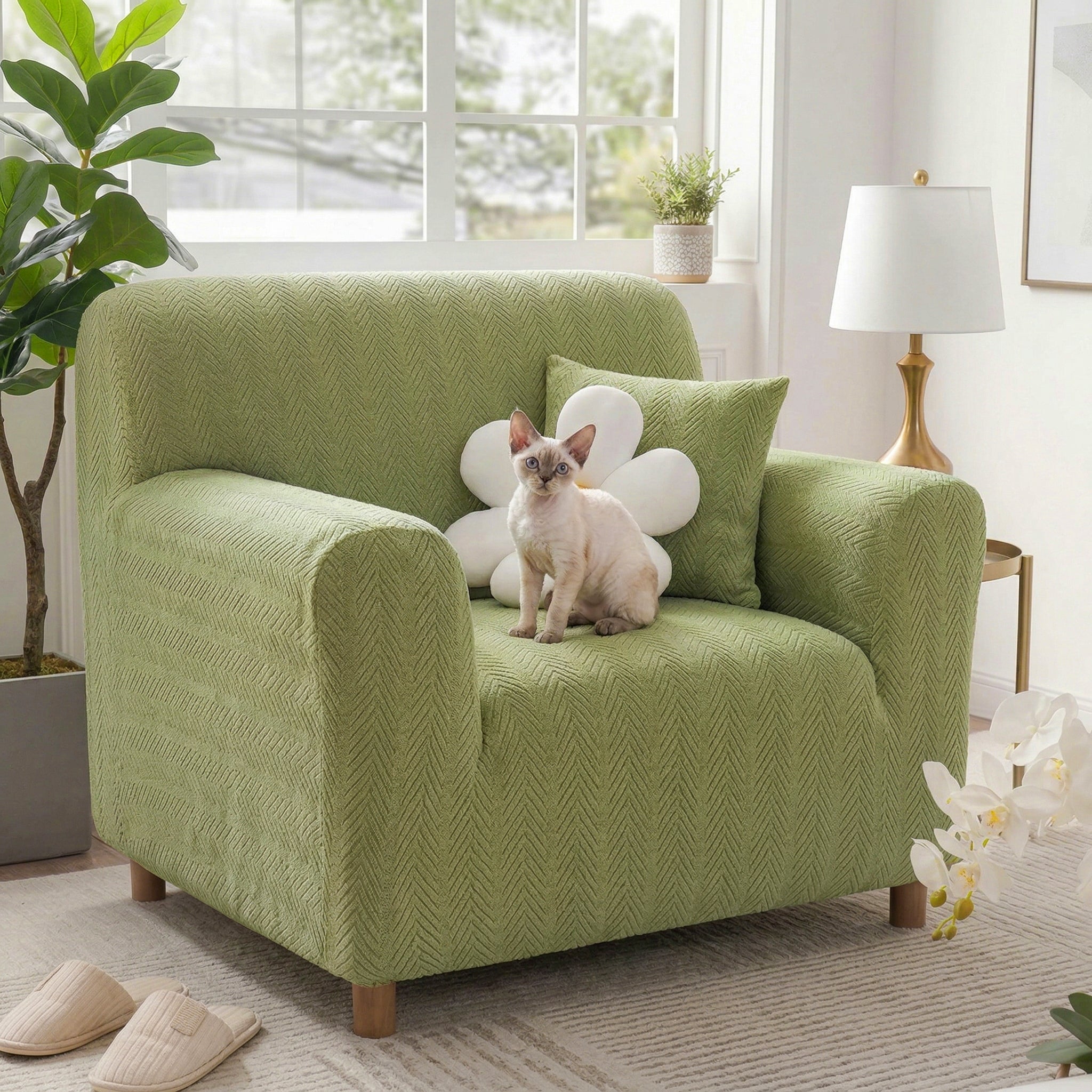 Elegant Herringbone Cream Aesthetic Stretch Sofa Cover Armchair Cover