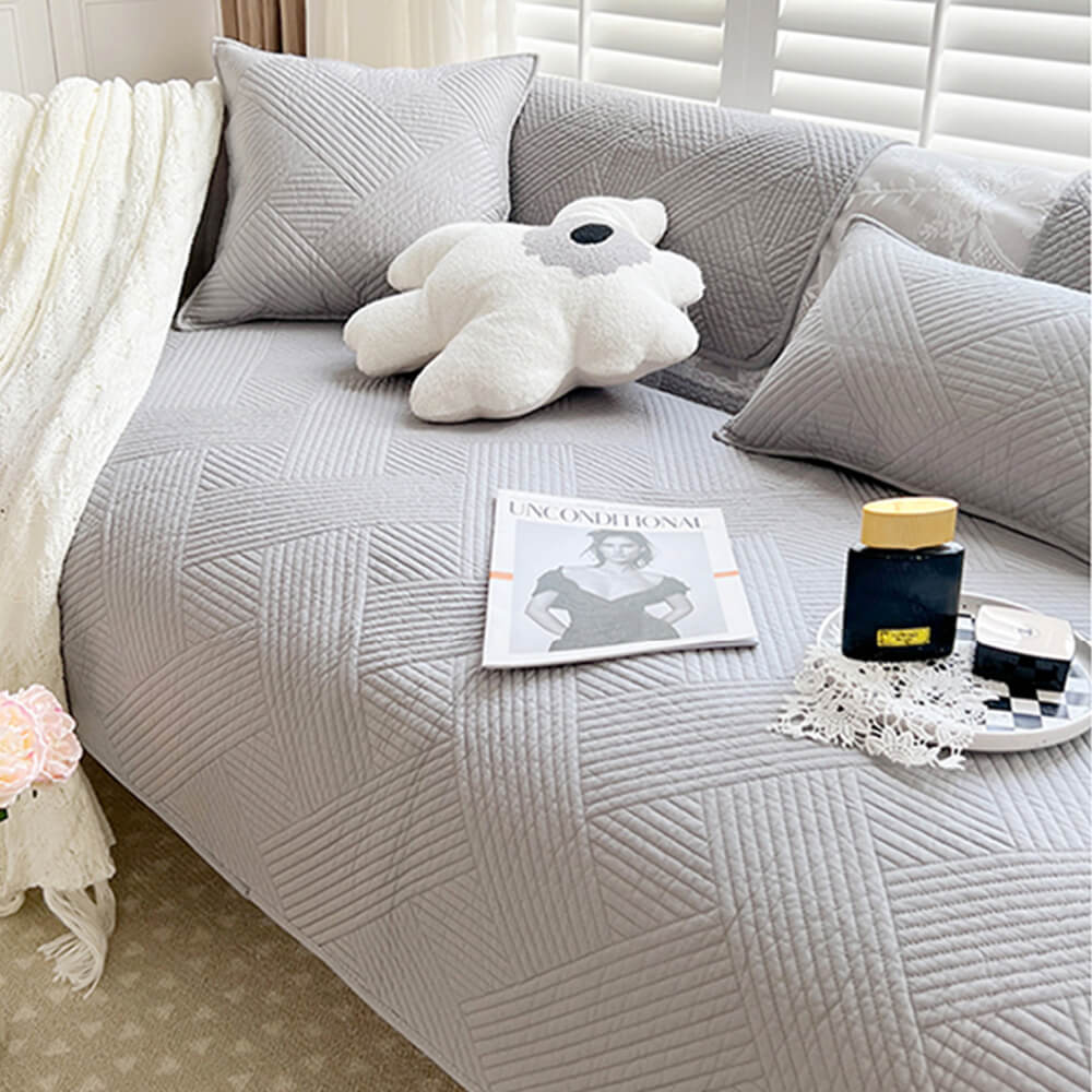 Minimalist All-Season Solid Cotton Geometric Quilted Anti-Slip Sofa Cover