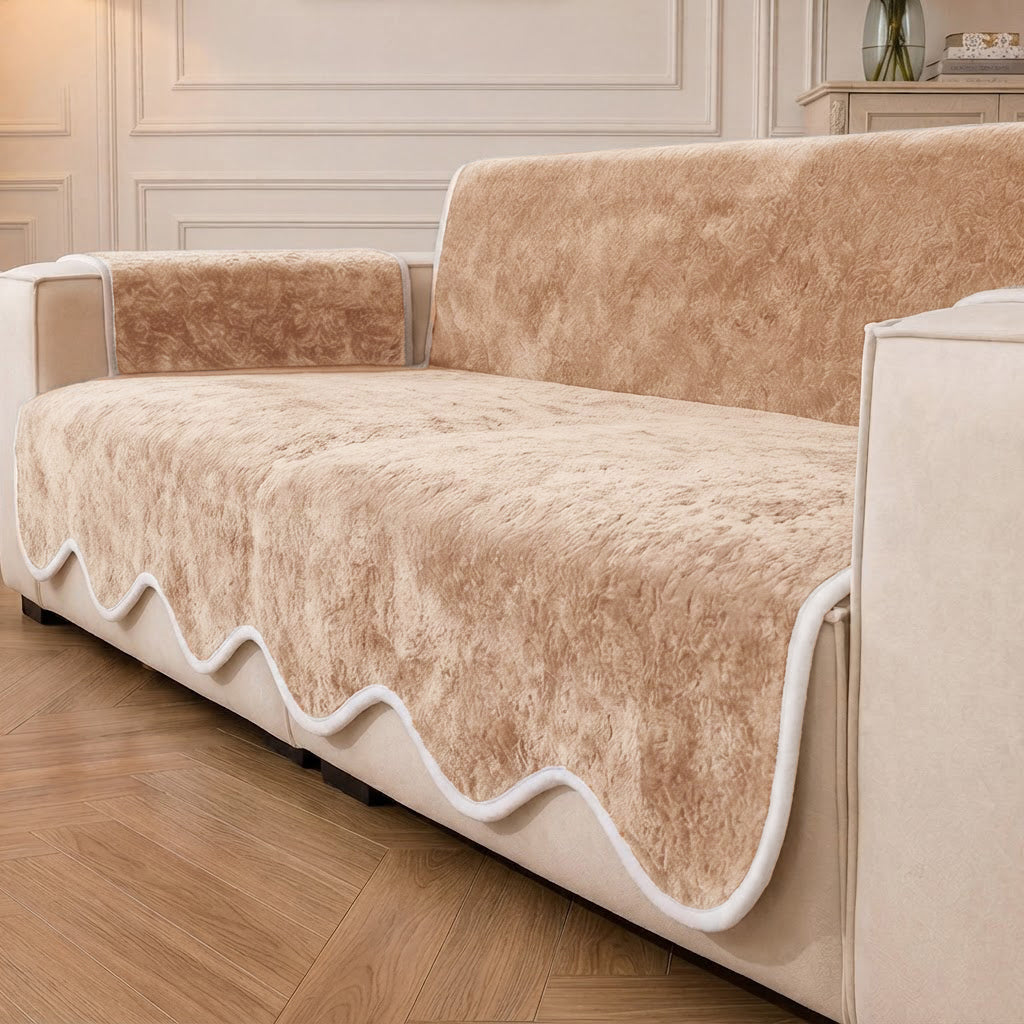 Waterproof Plush Velvet Contrast Wavy Edge Sofa Cover