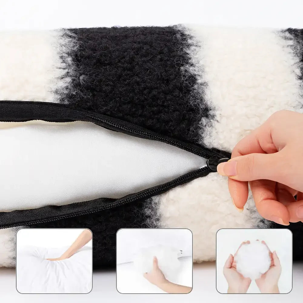 Black & White Stripe Faux Lambs Wool Soft Dog & Cat Sofa Bed - Winter Piano Keys