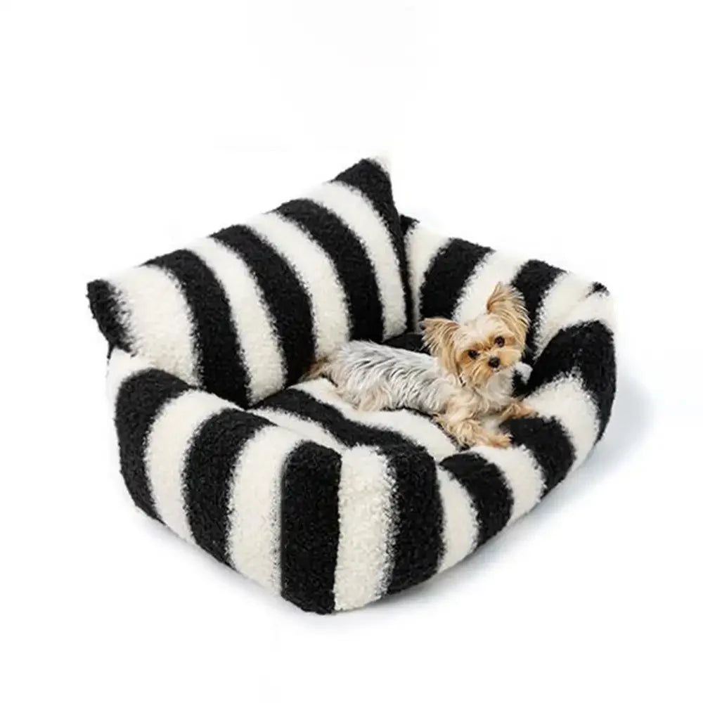 Black & White Stripe Faux Lambs Wool Soft Dog & Cat Sofa Bed - Winter Piano Keys