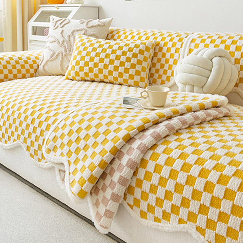 Classic Chequerboard Plush Comfortable Scratch-Resistant Non-Slip Sofa Cover