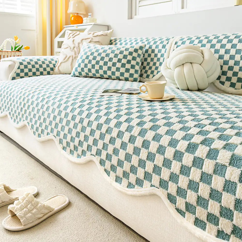 Classic Chequerboard Plush Comfortable Scratch-Resistant Non-Slip Sofa Cover