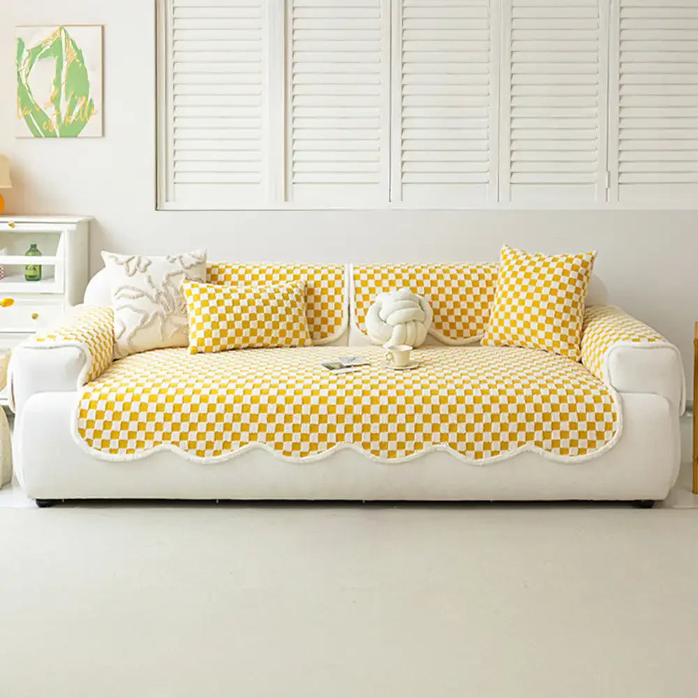 Classic Chequerboard Plush Comfortable Scratch-Resistant Non-Slip Sofa Cover