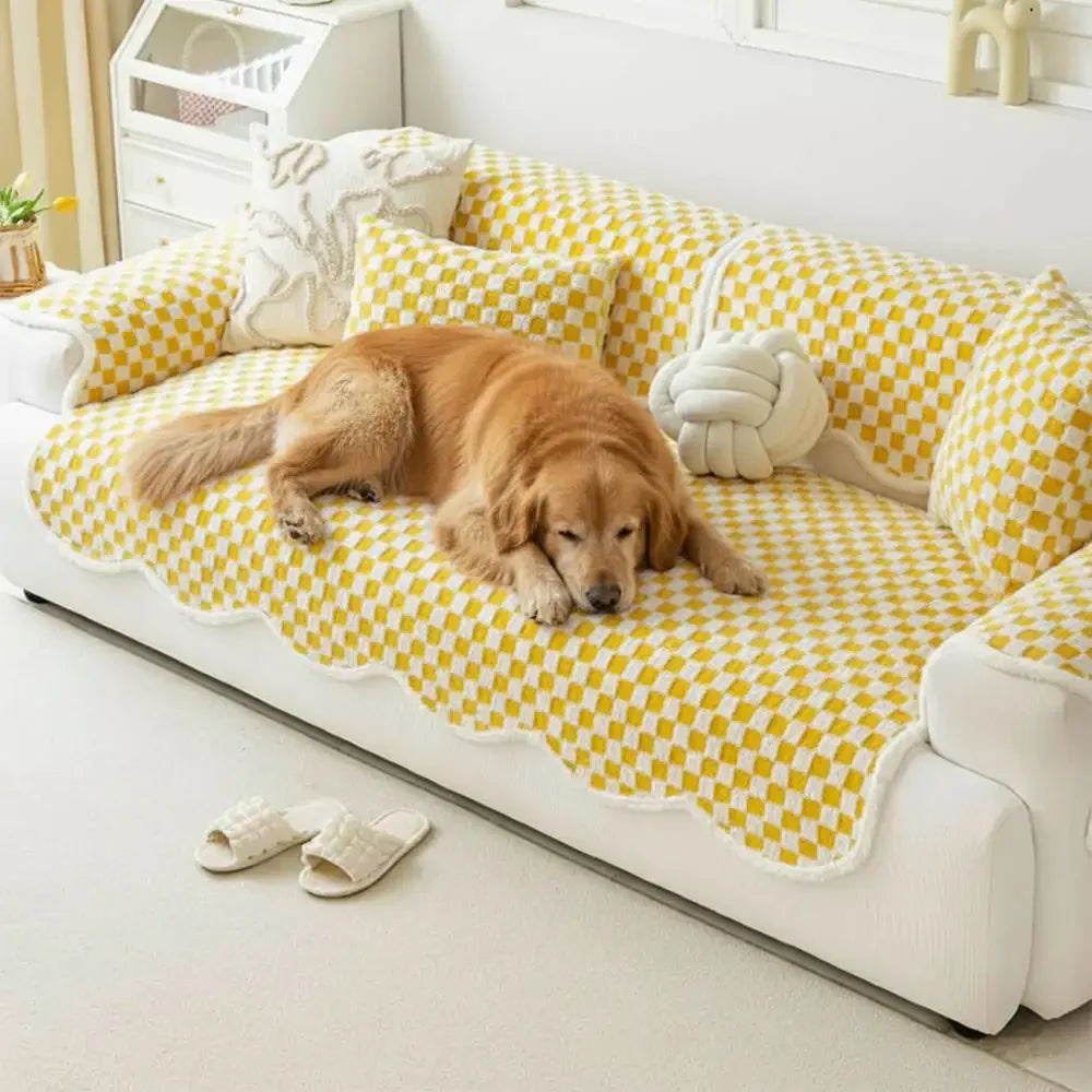 Classic Chequerboard Plush Comfortable Scratch-Resistant Non-Slip Sofa Cover
