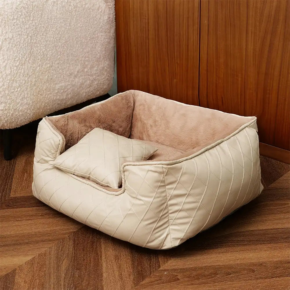 Cosy Diamond Faux Leather Square Dog Bed for Puppies