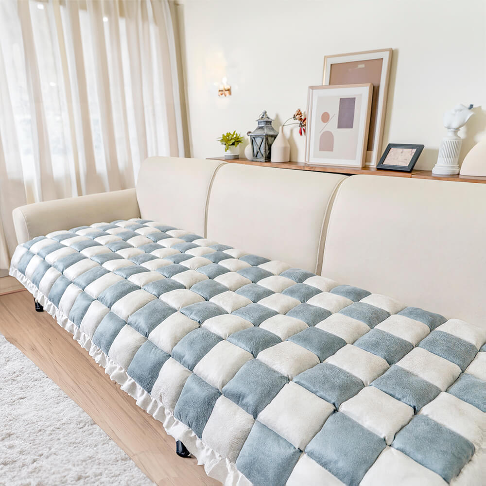 Cream-Coloured Large Plaid Square Pet Carpet Bed Sofa Cover