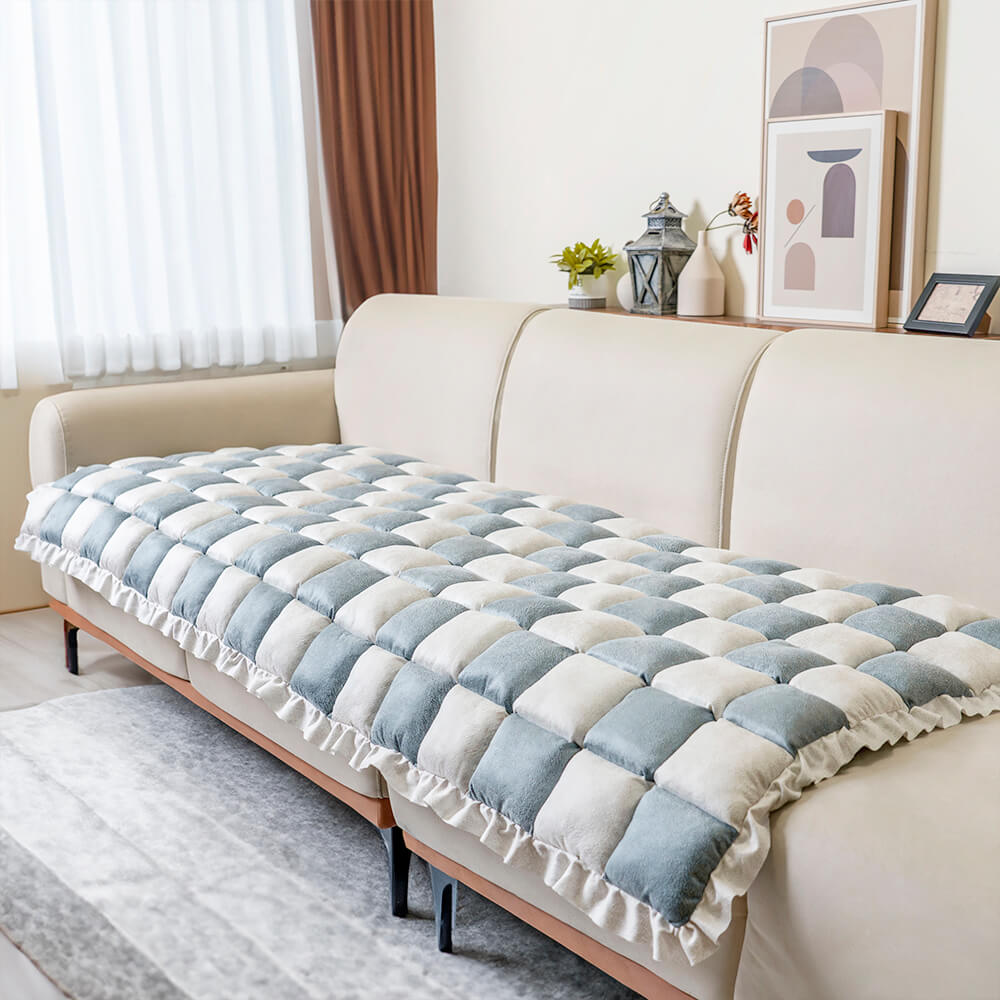 Cream-Coloured Large Plaid Square Pet Carpet Bed Sofa Cover