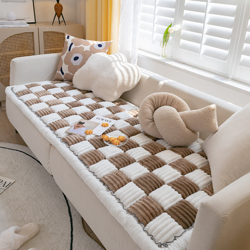 Cream-colored Large Plaid Square Fuzzy Pet Dog Mat Bed Corner Couch Cover