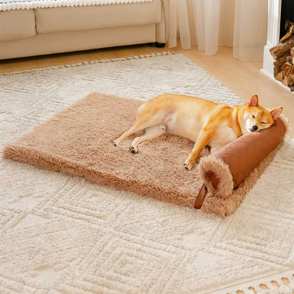 Dual-Sided Faux Leather&Warm Plush Removable Sponge Dog Mat With Pillow