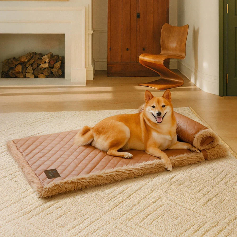 Dual-Sided Faux Leather&Warm Plush Removable Sponge Dog Mat With Pillow