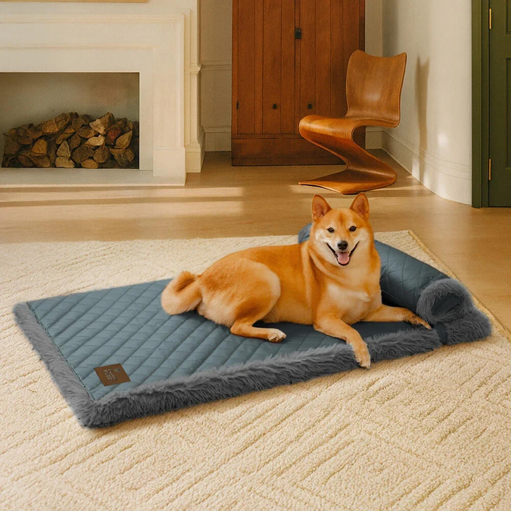 Dual-Sided Faux Leather&Warm Plush Removable Sponge Dog Mat With Pillow
