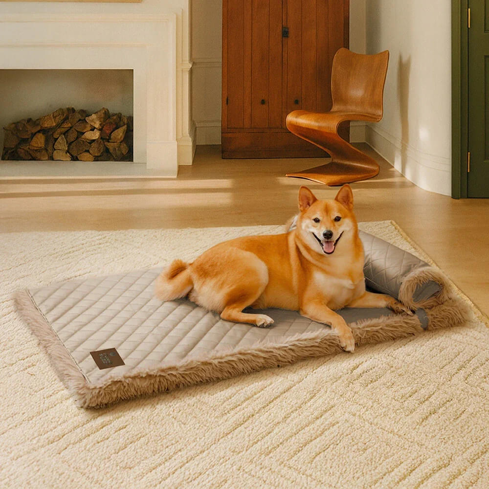 Dual-Sided Faux Leather&Warm Plush Removable Sponge Dog Mat With Pillow