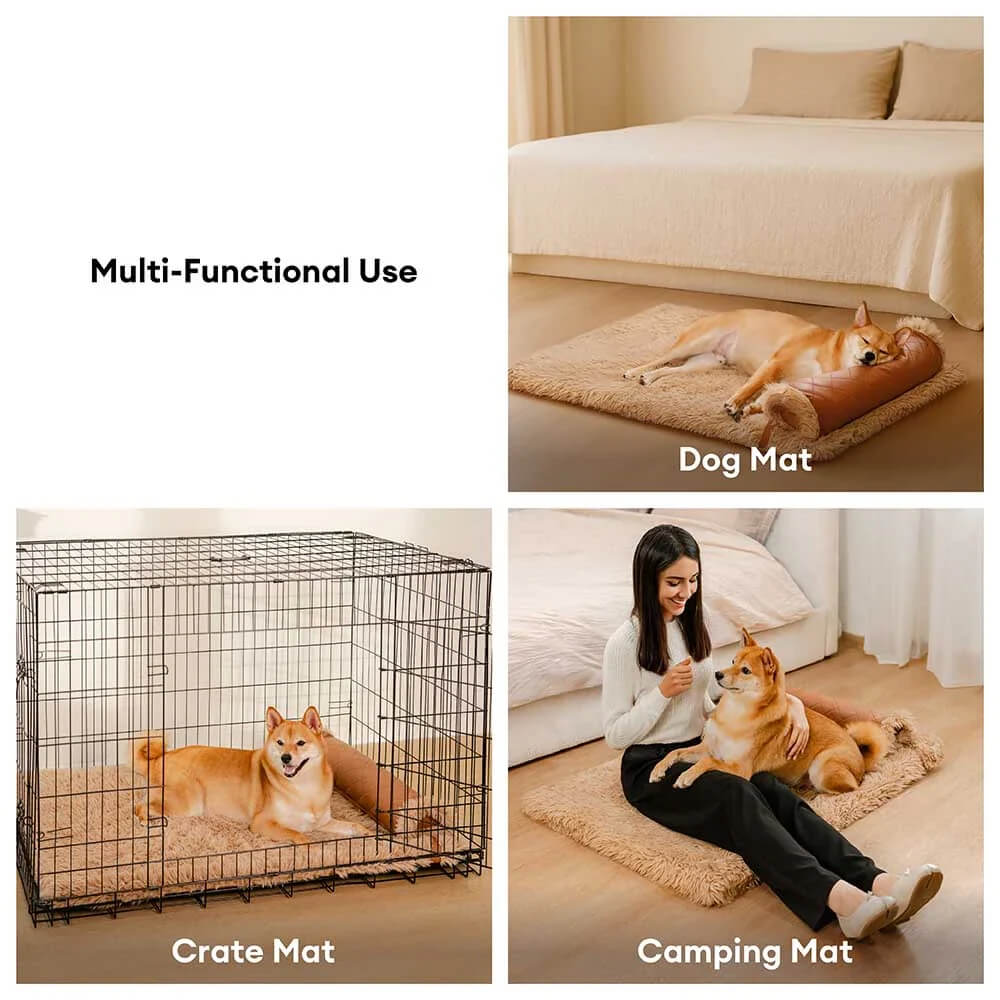 Dual-Sided Faux Leather&Warm Plush Removable Sponge Dog Mat With Pillow