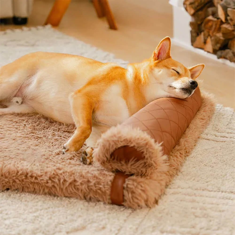 Dual-Sided Faux Leather&Warm Plush Removable Sponge Dog Mat With Pillow
