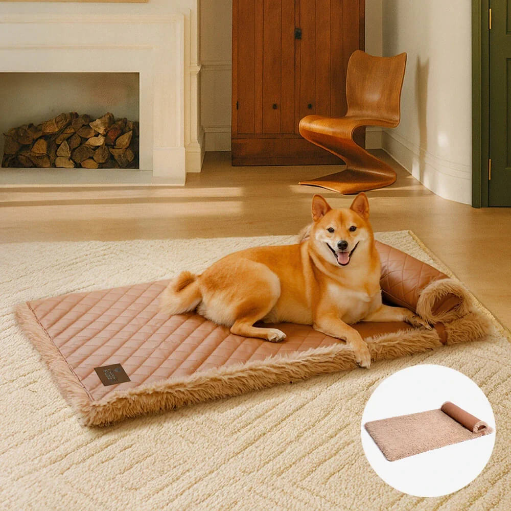 Dual-Sided Faux Leather&Warm Plush Removable Sponge Dog Mat With Pillow