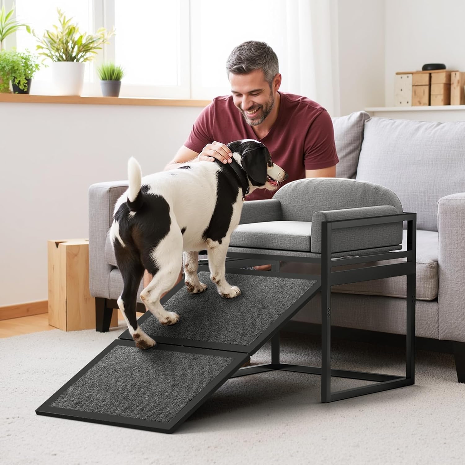 Elevated Pet Sofa Bed with Stairs Ramp for Bedside Lounge or Dog Window Perch - Pet-Friendly Bedroom